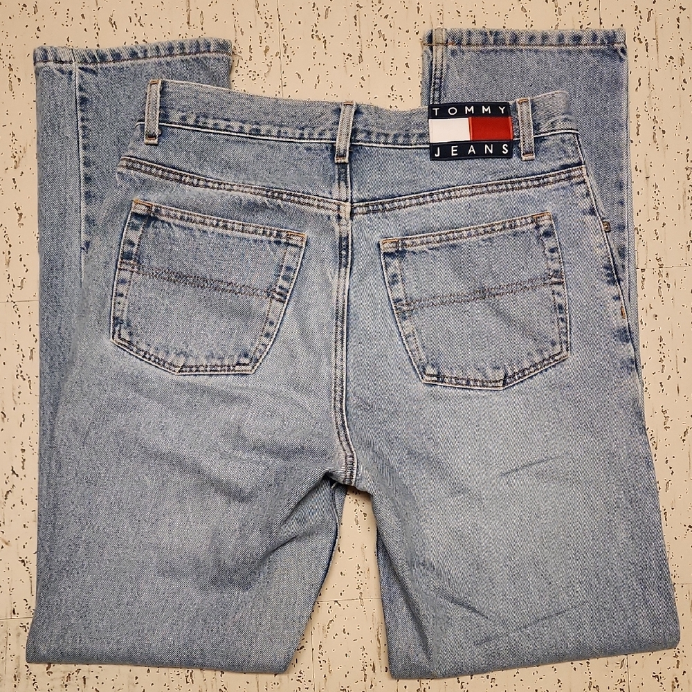 Tommy Hilfiger Embroidered Straight Leg Big Logo Patch Blue Jeans Vintage 90s